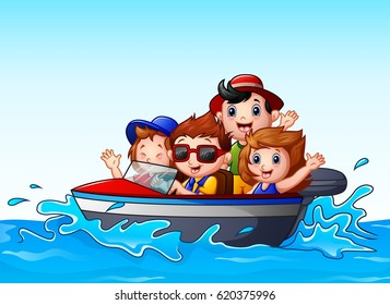 Vector illustration of Kids riding a motor boat in the ocean