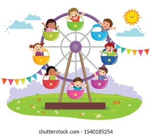 Vector illustration of kids riding on wheel ferris in an amusement park.