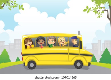 A vector illustration of kids riding in a school bus