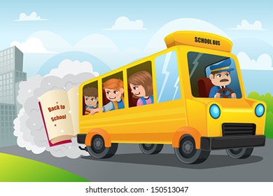 A Vector Illustration Of Kids Riding School Bus Back To School