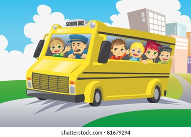 A vector illustration of kids riding in a school bus