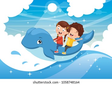 Vector Illustration Of Kids Riding Whale