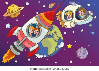 vector illustration of kids and Rocket.Little children are happily flying on a rocket. Bright pictures for children's wallpapers, books, comics and coloring books.
