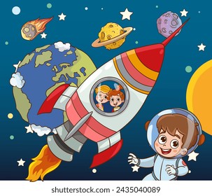 vector illustration of kids and Rocket.Little children are happily flying on a rocket. Bright pictures for children's wallpapers, books, comics and coloring books.