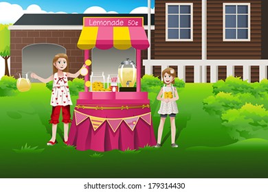 A vector illustration of kids selling lemonade in a lemonade stand