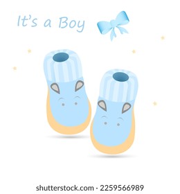 Vector illustration of  Kids Shoes .Baby Shower Greeting Card. blue Baby Shoes or boots. It`s a boy.