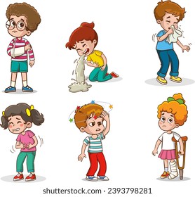 vector illustration of kids sick unhealthy.Child with influenza, runny nose, headache, fever, sore throat, illness. Flat vector illustration people with sick symptoms feeling unwell