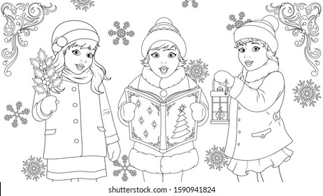 Vector illustration, kids singing for christmas coloring book, children choir