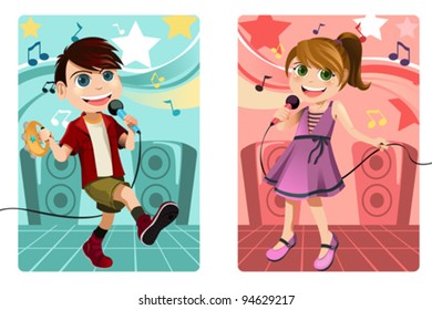 A vector illustration of kids singing karaoke