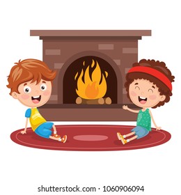 Vector Illustration Of Kids Sitting In Front Of Fireplace