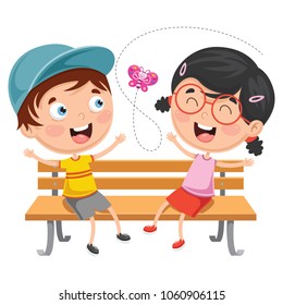 Vector Illustration Of Kids Sitting On Park Bench