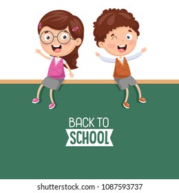 Vector Illustration Of Kids Sitting On Blank Board
