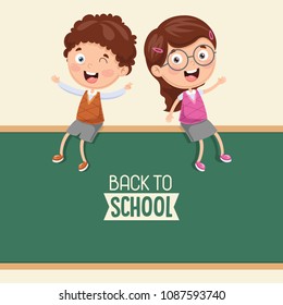 Vector Illustration Of Kids Sitting On Blank Board