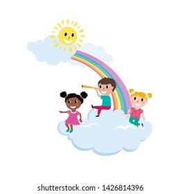 Vector Illustration Of Kids Sitting On Cloud. Cartoon children on white background
