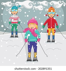 Vector Illustration Of Kids Skiing 