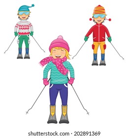 Vector Illustration Of Kids Skiing On Isolated Background