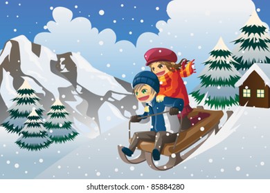 A vector illustration of kids sledding down the hill in the snow