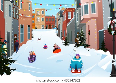 A vector illustration of Kids Sledding on a Snowy Street During Winter Season