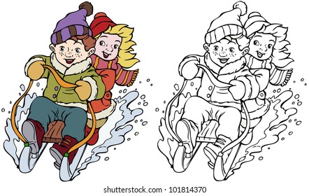 Vector illustration, kids with sleigh, card concept, white background.,