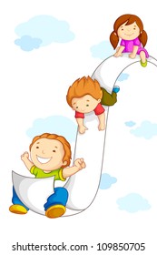 vector illustration of kids sliding on paper in sky