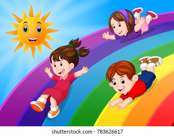 vector illustration of kids sliding on rainbow in sky