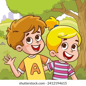  vector illustration of kids are smiling waving at the camera
