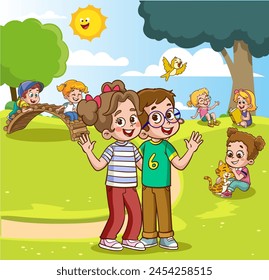  vector illustration of kids are smiling waving at the camera