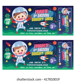 A Vector Illustration Kids In The Space. Ticket Invitation. Space Party. Rocket Party