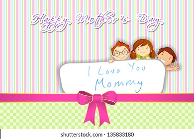 vector illustration of kids standing behind placard wishin Happy Mother's Day