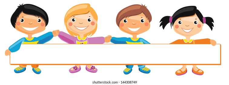 vector illustration of kids standing behind placard