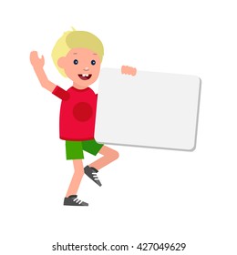 vector illustration of kids standing behind placard. Cheerful child holding white poster