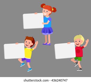 vector illustration of kids standing behind placard. Cheerful child holding white poster. Happy kid illustration. Detailed character. Vector for Celebration children day, fun