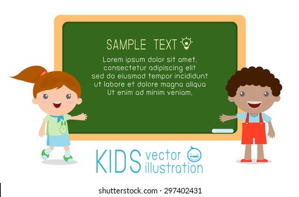 vector illustration of kids standing in front a blackboard