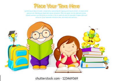 vector illustration of kids studying book with bee