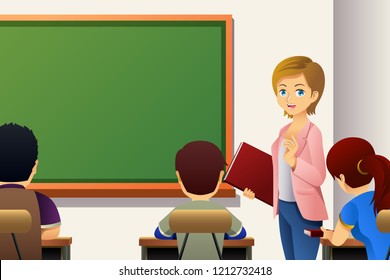 Vector Illustration Kids Studying Classroom Teacher Stock Vector ...