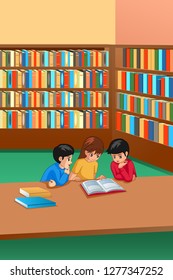 A vector illustration of Kids Studying in Library