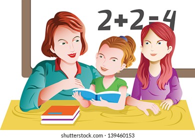 A vector illustration of kids studying math in classroom with teacher