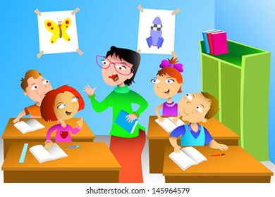 A vector illustration of kids studying math in classroom with teacher