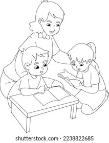 vector illustration of kids studying with mom