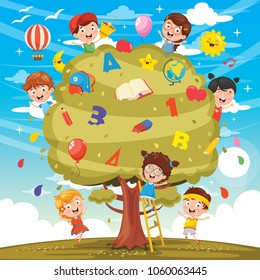 Vector Illustration Of Kids Studying On Tree