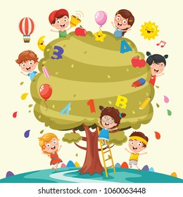 Vector Illustration Of Kids Studying On Tree