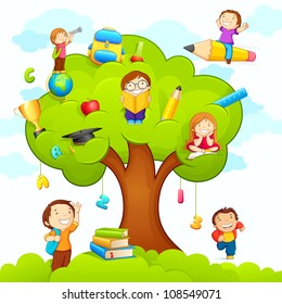 vector illustration of kids studying on tree with different education object