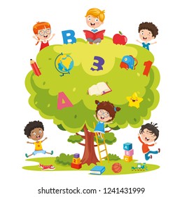 Vector Illustration Of Kids Studying On Tree