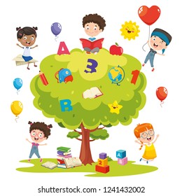 Ilustración Vectorial De Niños Estudiando En Árbol
