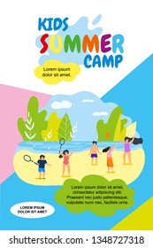 Vector Illustration Kids Summer Camp Holidays. Vertical Flat Banner School Summer Vacation. Against Blue Sky and White Clouds Teenagers on Shore Natural Pond Play Ball. Advertising Summer Camp.
