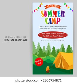Vector illustration of Kids Summer Camp social media story feed set mockup template