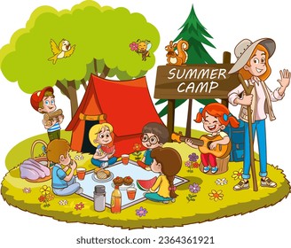 Vector Illustration Of Kids Summer Camp