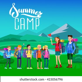 vector illustration of kids summer camp. Vector characters  counselor and children. Camping banner and beautiful landscape