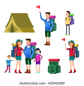 vector illustration of kids summer camp, characters  counselor and children. Camping banner and icon. Vector family