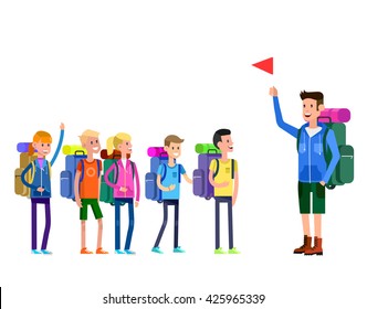 Vector Illustration Of Kids Summer Camp. Vector Characters  Counselor And Children. Camping Banner And Icon